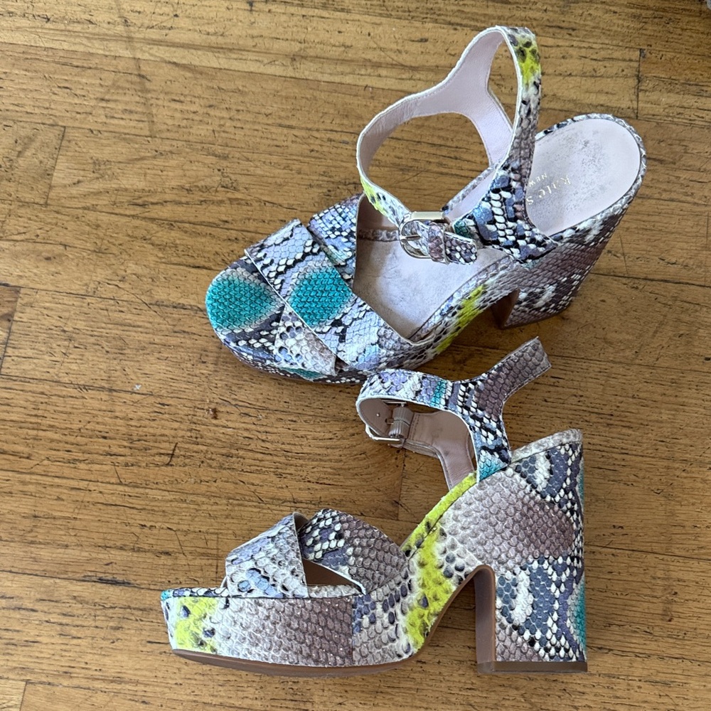 Kate Spade Snake-Print Platform Sandals in Neon Teal and Yellow